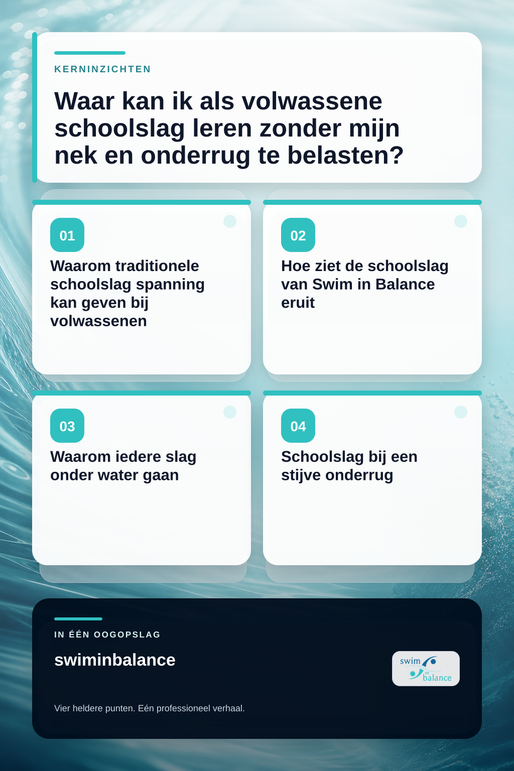 Waar kan ik als volwassene schoolslag leren zonder mijn nek en onderrug te belasten? infographic
